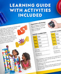Children using Glowing Marble Run Kit With 15 Glow-In-The-Dark Glass Marbles And Storage Bag, Snug-Fit 45 Track Pieces Plus 5 Bases, included learning guide shown.