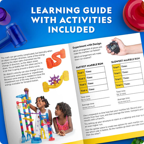 Children using Glowing Marble Run Kit With 15 Glow-In-The-Dark Glass Marbles And Storage Bag, Snug-Fit 45 Track Pieces Plus 5 Bases, included learning guide shown.