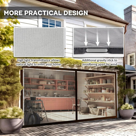 Magnetic Garage Door Screen For 16x7 Double Car Doors Hands Free Walk Through Mesh Curtain With Gravity Sticks installed