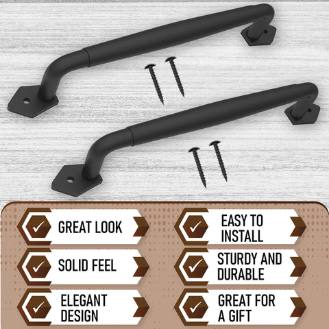 Two Pack 12 Inch Diamond Tapered Barn Door Handles Black Cast Iron Pulls For Sliding Doors Gates Sheds Fences Closets Indoor Outdoor Farmhouse Hardware Built Tough Rust Resistant Matte Black Finish, shown with screws on a wood surface.