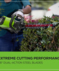 Person using 80V Brushless Hedge Trimmer With 26 Inch Dual Action Blades Long Reach Yard Tool Includes 2Ah Battery And 2A Charger