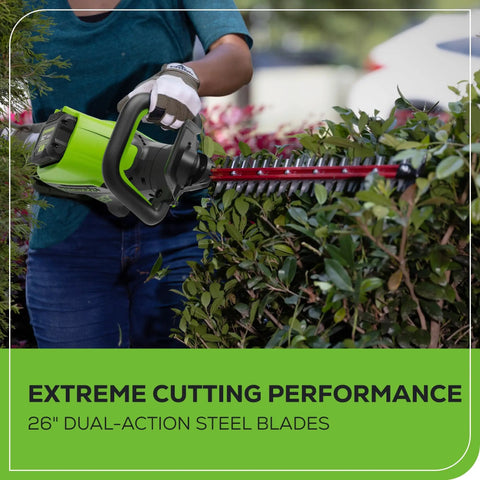 Person using 80V Brushless Hedge Trimmer With 26 Inch Dual Action Blades Long Reach Yard Tool Includes 2Ah Battery And 2A Charger