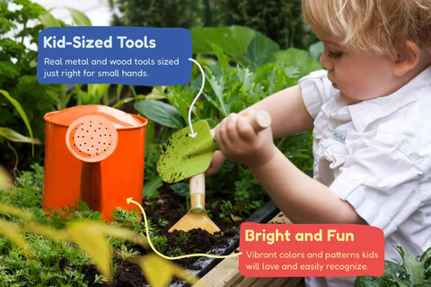 Child using Kid Friendly Garden Tool Set For Kids STEM Learning Kit With Tote Bag Colorful Spade Watering Can Rake Fork Trowel And Gloves Durable Lightweight Gear For Little Gardeners Sunshine Edition