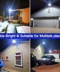 Beefy 800W Solar Street Light With 80000 Lumens illuminating various outdoor settings like garages and courtyards at night.