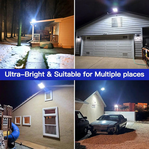 Beefy 800W Solar Street Light With 80000 Lumens illuminating various outdoor settings like garages and courtyards at night.