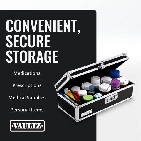 Locking Medicine Storage Box With Combination Lock for Safe Med Storage, shown open with medicines and first aid supplies inside.