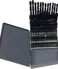 Left Hand High Speed Steel Drill Bit Set 60 Piece DWDLH Series in open case showing arranged black oxide bits for metal, wood, plastic.