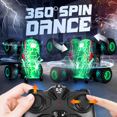 Monster Truck Remote Control Car With Lights And Music 1 To 20 Scale RC Truck For Kids Aged 4 To 7 performing 360 degree spins.