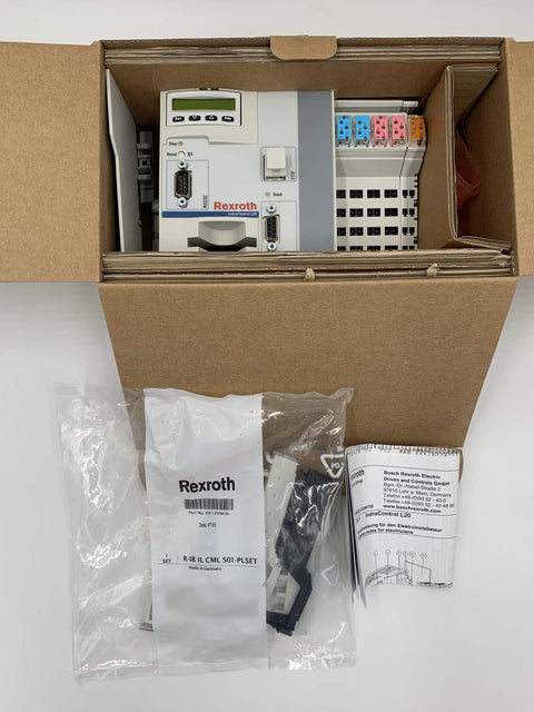 IndraLogic L20 CML20.1-NP-120 PLC CPU Module with packaging and accessories, 16 I/O Ports, Ethernet, Profibus, RS-232, 24Vdc