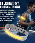 Man running at night wearing Lit Up Rechargeable LED Armband 6 Piece Set for Night Walks Runs and Rides Ultra Light Silicone Wrist Lights
