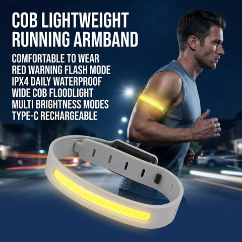 Man running at night wearing Lit Up Rechargeable LED Armband 6 Piece Set for Night Walks Runs and Rides Ultra Light Silicone Wrist Lights
