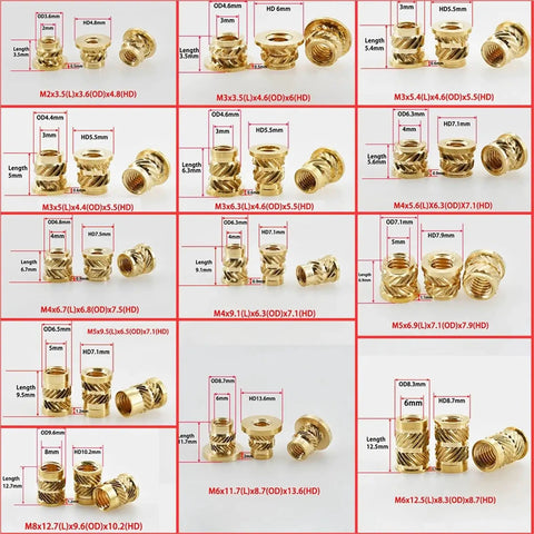 Heat Set Brass Insert Nut Kit M2 M8 For 3D Printing And Laptop Repair, Embedded Threaded Nuts For Strong Plastic Bonds, Quick Install With Knurled Exterior For No Slip, Durable, Secure Mounts. brass heat-set inserts in assorted M2-M8 sizes with dimensions