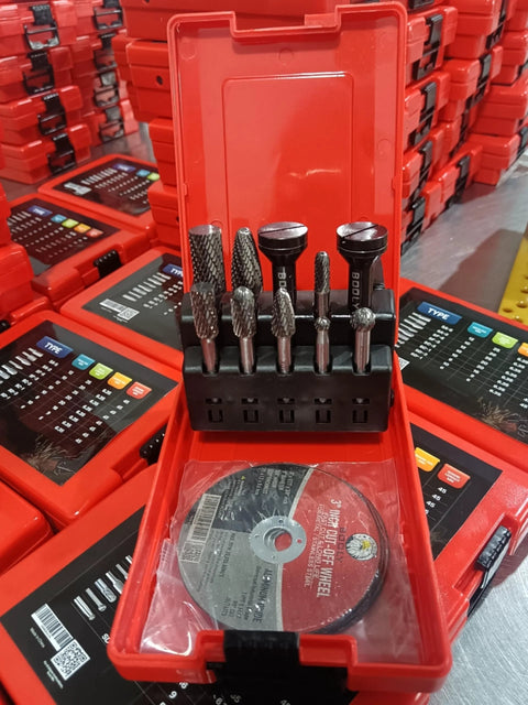 8-piece carbide die grinder burr set with 1/4 in shanks in red case; includes bonus mandrels and cut-off wheel