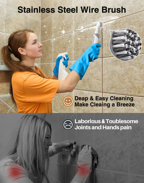 Woman using Rechargeable Cordless Grout Scrub Brush Kit With Built In Battery, IPX7 Waterproof Power Scrubber on tile grout