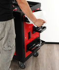 Person using Magnetic Toolbox Organizer Set With 6 Inch And 12 Inch Trays, 2 Piece Paper Towel Holder, 3 Spray Can Holders, Black Heavy Gauge Steel.