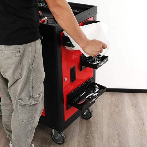 Person using Magnetic Toolbox Organizer Set With 6 Inch And 12 Inch Trays, 2 Piece Paper Towel Holder, 3 Spray Can Holders, Black Heavy Gauge Steel.