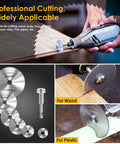Kuenuilr 6-pack HSS circular saw blades for drills with 1/4-inch hex shank; suitable for wood and plastic cutting.