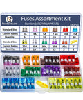140 Piece Auto Fuse Assortment Kit With ATC ATO APR And ATS Blade Types stored in transparent case, showing various fuse ratings and colors.