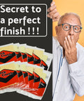 Pro Grade Tack Cloths Set, 15 Pack 18x36 Inches, packets held by surprised elderly man next to 'Secret to a perfect finish!' text
