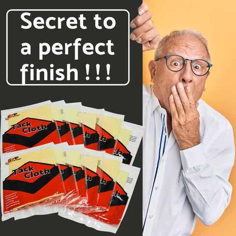 Pro Grade Tack Cloths Set, 15 Pack 18x36 Inches, packets held by surprised elderly man next to 'Secret to a perfect finish!' text