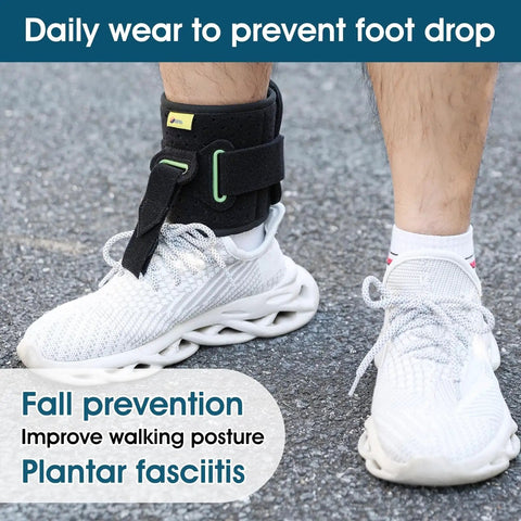 Person wearing Adjustable Drop Foot AFO Brace For Unisex Use, Right Or Left Foot Ortho, on right foot with white sneaker, outdoor use.