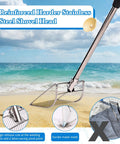 Beach Day Must Have Sand Sifter Set With Telescoping Handle Angled Scoop on sandy beach with stainless steel mesh head.