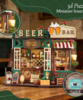 DIY Mini Beer Shop House Kit For Adults 3D Wooden Puzzle Tiny Home with Furnished Interior, bookshelf decor display.