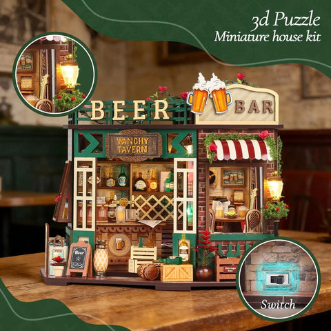 DIY Mini Beer Shop House Kit For Adults 3D Wooden Puzzle Tiny Home with Furnished Interior, bookshelf decor display.
