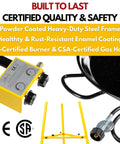 Outdoor Paella Burner And Stand Kit With 24 Inch Enamel Pan and dual propane stove shown with certified components.