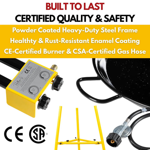 Outdoor Paella Burner And Stand Kit With 24 Inch Enamel Pan and dual propane stove shown with certified components.