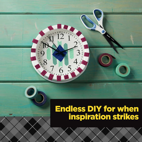 Gold Glitter Washi Tape Pack of 6 used to decorate a desk clock with colorful tape rolls and scissors nearby, ideal for DIY projects.
