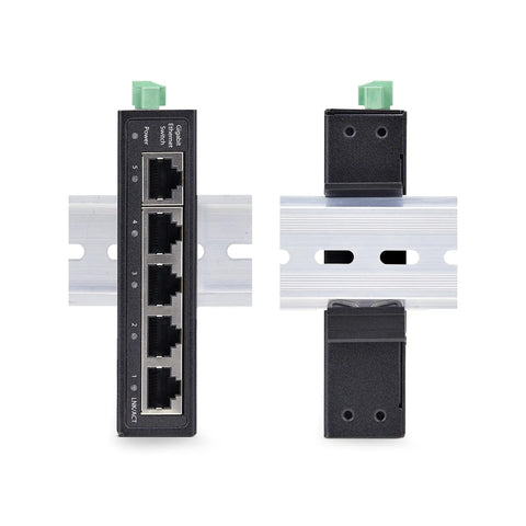 Front view of Unmanaged 5 Port Industrial Gigabit Ethernet Switch with DIN Rail or Wall Mount IP30 Enclosure, shown on DIN rail.