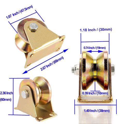 KOHAND 2-inch V-groove wheel caster with bracket; front and side views, gold finish, heavy-duty track roller.
