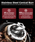 Close-up of stainless steel conical burr from G1 Conical Burr Coffee Grinder With 48 Grind Settings Anti Static Burr Mill