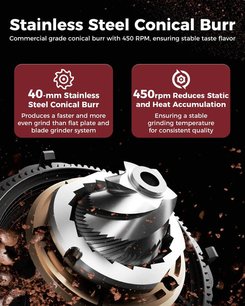 Close-up of stainless steel conical burr from G1 Conical Burr Coffee Grinder With 48 Grind Settings Anti Static Burr Mill