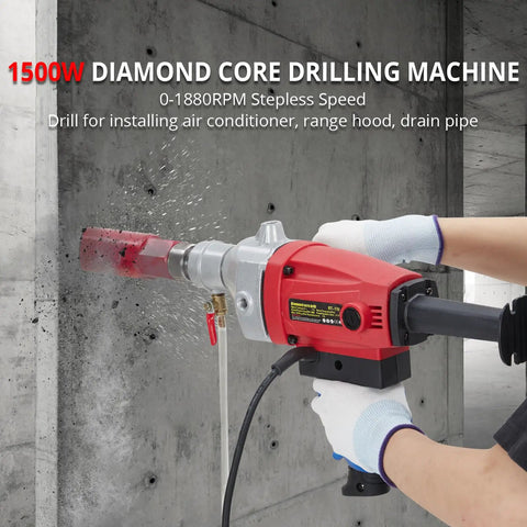 Powerful Beast 1500W 2 In 1 Wet And Dry Handheld Concrete Core Drill With Diamond Core Bits in action drilling concrete wall