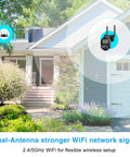 WiFi Outdoor Security Camera 1080P With 2.4GHz And 5GHz, home shown with dual-antenna for stronger signal and remote setup.