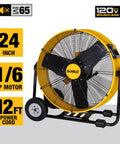Beefy Workhorse 24 Inch Industrial Drum Fan With High Velocity Airflow, yellow metal floor fan with wheels and 360 degree tilt