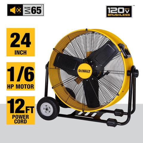 Beefy Workhorse 24 Inch Industrial Drum Fan With High Velocity Airflow, yellow metal floor fan with wheels and 360 degree tilt