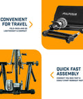 Portable Foldable Fluid Bike Trainer Stand For Indoor Riding With Stainless Steel Frame shown folded in bag and assembled setup