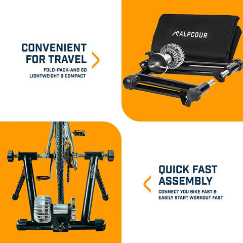 Portable Foldable Fluid Bike Trainer Stand For Indoor Riding With Stainless Steel Frame shown folded in bag and assembled setup
