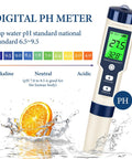Five In One pH Meter And TDS Meter Digital Water Tester showing pH and temperature on LCD above water with pH range guide.