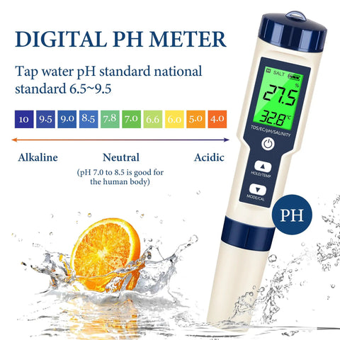 Five In One pH Meter And TDS Meter Digital Water Tester showing pH and temperature on LCD above water with pH range guide.