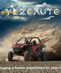 Off-road vehicle with red and black design driving through dirt, under a dramatic cloudy sky with YEZOAUTO logo and tagline