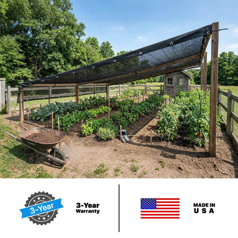 30 Percent Shade Cloth For Greenhouses And Gardens 8 Foot By 12 Foot Heavy Duty HDPE Tarp With Grommets installed over garden