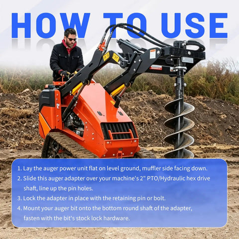 Heavy Duty Auger Adapter Coupler Converting Two Inch Female Hex To Two Nine Sixteenths Inch Male Round Shaft With Conversion Bolt Fits Skid Steer And Tractor Is A Grunt Work Beast That Makes The Dig Job Quick in use with a mini skid steer.