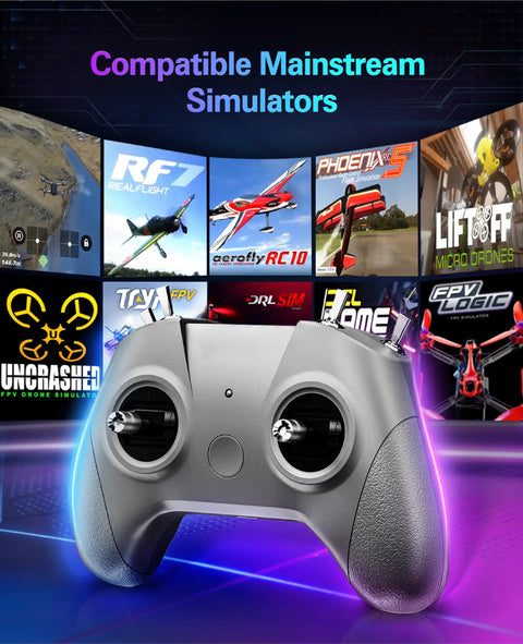 Beginner Drone Simulator Controller With USB C Cable And OTG Adapter For iPhone And Android with simulator logos background