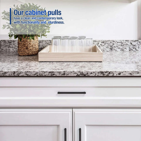 Built Tough Matte Black Cabinet Pulls And Drawer Handles With Five Inch Center To Center Rustic Industrial Kitchen Furniture Hardware Solid As A Rock Five Inch Pulls Ten Pack For DIY Projects on a white cabinet