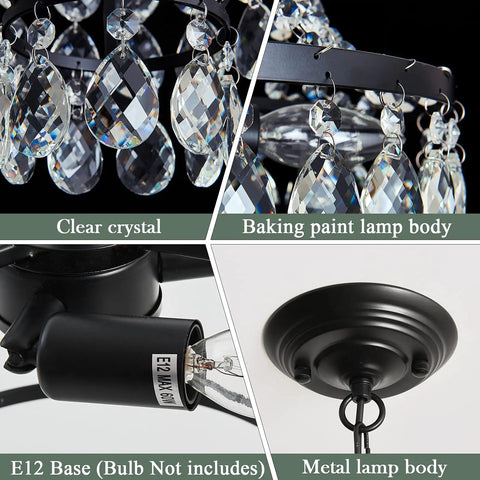 Detailed view of Three Light Crystal Chandelier Modern Adjustable Hanging Ceiling Light Fixture Black Pendant Lighting For Dining Room