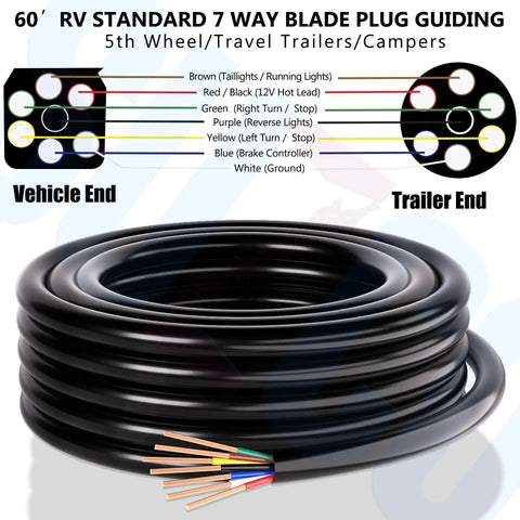 Coiled 60 Foot 7 Way Trailer Wire Harness Kit with 10 2 12 1 14 4 AWG multi-gauge color coded wires for RV and trucks